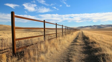 Fototapeta premium Perspective shot of a long metal fence stretching into the distance, evoking a sense of restriction.