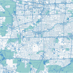 Map of Wheaton in Illinois in a professional blue style. Contains layered vector with roads water, parks, etc.