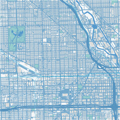 Map of West Town in Illinois in a professional blue style. Contains layered vector with roads water, parks, etc.
