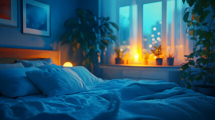 3D Illustration Cozy Bedroom Night Plants Lights Window