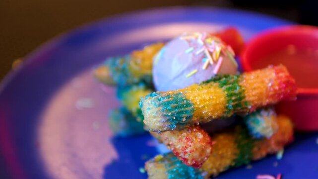 rainbow churros, ube ice cream, strawberry caramel beautiful presentation of ice cream on a blue plate with strawberry jam in a red bowl