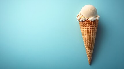 Indulge in a classic vanilla ice cream cone set against a soothing blue background, showcasing the delicious scoop atop a crispy waffle cone