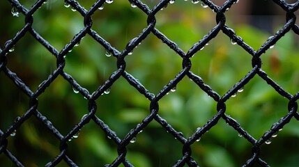 Fototapeta premium Rain-soaked metal grid fence with droplets, adding mood and atmosphere to an urban setting.