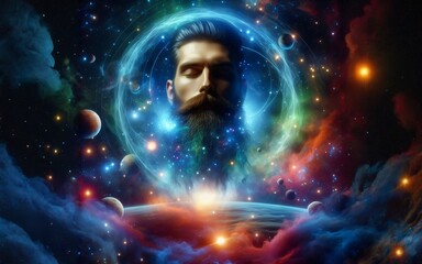 Metaphysical figure, man head in cosmic planets. Extraterrestrial life, life after death, soul