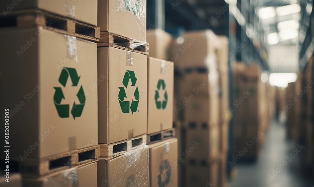 Poster A row of cardboard boxes with recycle symbols stacked on pallets in a warehouse.