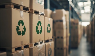 A row of cardboard boxes with recycle symbols stacked on pallets in a warehouse.