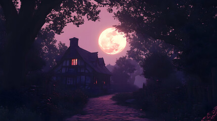Fototapeta premium Illustration of Cozy Cottage Under Pink Moonlit Night
