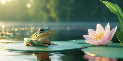 Serene Water Lily Pad with Frog and Flower, Sunset Reflection
