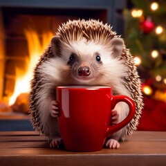 hedgehog with a red mug of coffee