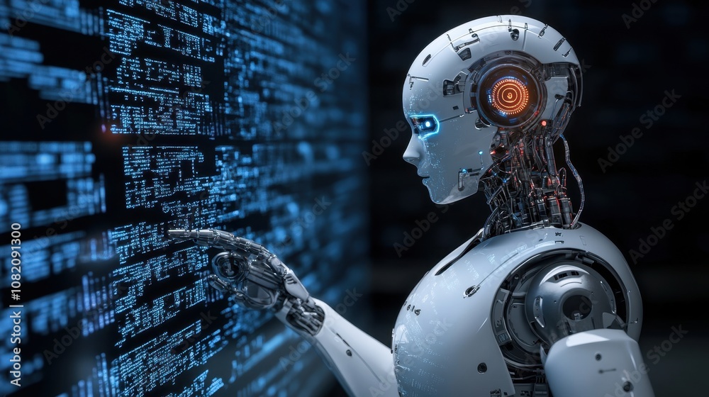 Poster futuristic humanoid robot interacting with digital interface, exploring advanced artificial intellig