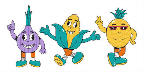 Cartoon fruit and vegetable. Comic retro fruits vegetable character, fruit faces. style 70s . Vector Illustration