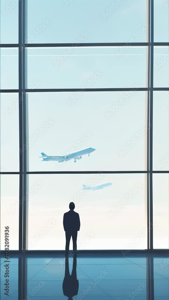 Poster silhouette of businessman standing at large window in airport terminal watching airplanes taking off