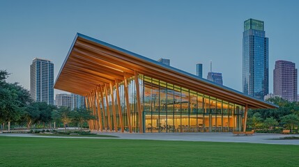 Obraz premium Modern Glass and Wood Building with Cityscape Background