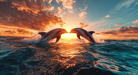 Fototapeta premium Valentine's day celebration dolphins jumping together at sunset ocean view romantic concept