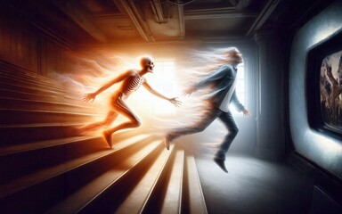 Avoiding problems, a man runs away from his self, from his past, a skeleton catches up with a man