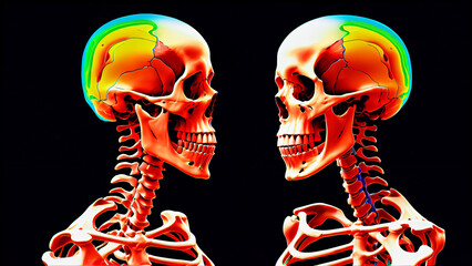 Detailed medical illustration of the human skeleton with X-ray effect, showcasing the anatomical structure of the skeletal system for medical research and educational materials