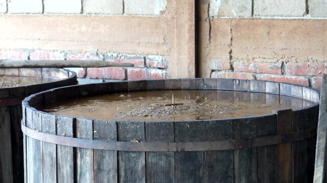 Agave undergoes fermentation in wooden vats at a distillery in oaxaca, mexico, showcasing traditional mezcal production