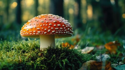 A single mushroom sitting on the ground in a dense and vibrant forest environment
