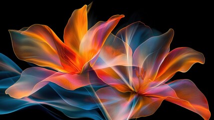 Vibrant Abstract Floral Design Featuring Colorful Blossoms in Soft Gradients and Ethereal Swirls Against a Black Background