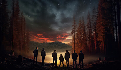 Fototapeta premium Silhouettes of people against a spectacular sunset with forest backdrop, creating a serene and adventurous atmosphere.