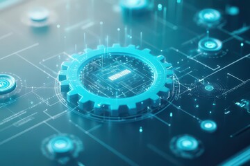 3D holographic gear system surrounded by data points, monochromatic blue, floating in a clean digital workspace, sharp and detailed