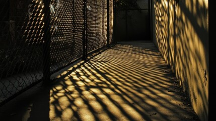Sunlight filtering through a grid fence, casting intricate shadows on the ground, evoking a sense of confinement.