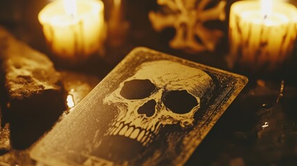 Mysterious Skull Illustration on Tarot Card Surrounded by Candles and Dark Atmosphere in a Spooky Setting for Halloween or Esoteric Themes