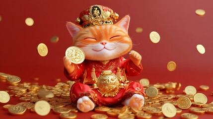 A happy cat wearing a red and gold Chinese New Year outfit sits on a pile of gold coins with more coins falling from above.