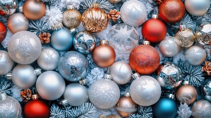 Colorful Christmas decorations on a festive holiday tree, ideal for seasonal advertising and promotions