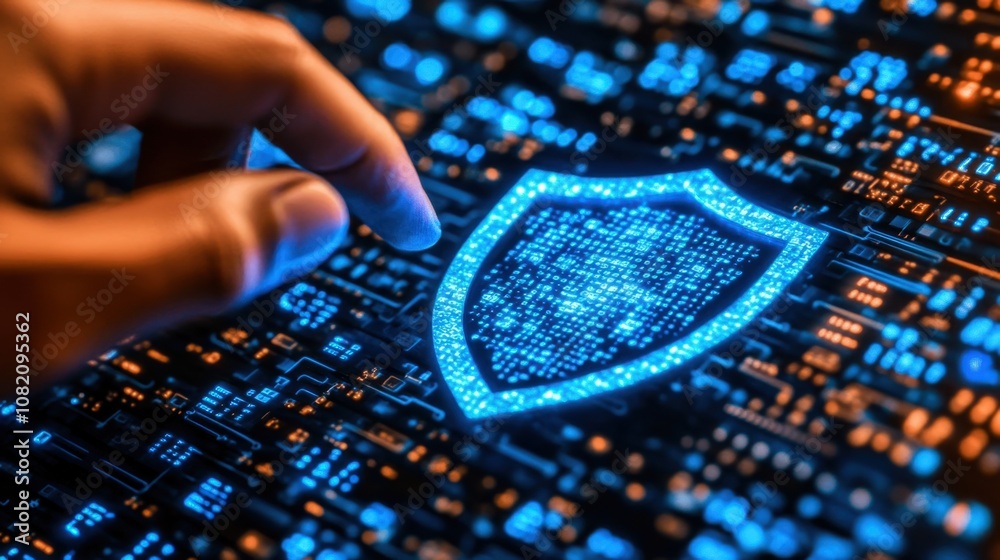 Poster digital security concept showcasing a hand interacting with a glowing shield symbol against a backgr