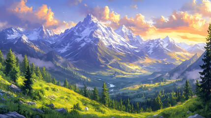 Fototapeta premium Illustration - Majestic Mountain Valley Sunset Landscape