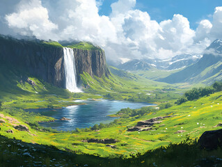 Fototapeta premium Illustration - Serene Waterfall Landscape Valley Nature Green Mountain Lake