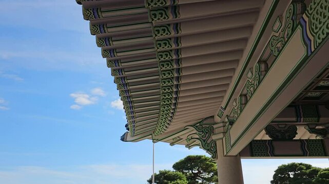 Traditional Korean Roof With Decorative Paintings At Cheong Wa Dae In South Korea.