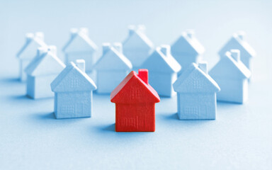 Finding the Right Property - The image features light blue houses with one red house in the center, symbolizing a unique property in the real estate market