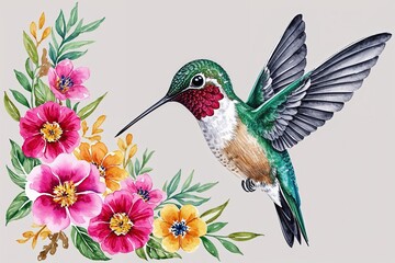Fototapeta premium Spring Color Watercolor Hummingbird and Floral Artwork