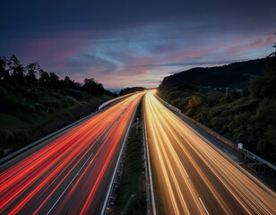 Exposition longue jolies lumières de voiture rouge et jaune sur l'autoroute la nuit, trafic routier