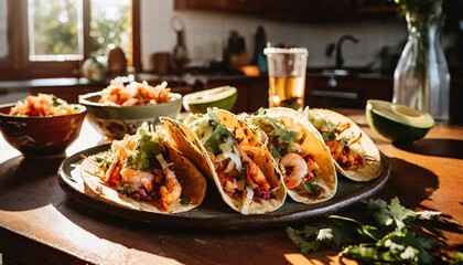 Casual Home Kitchen Scene with Tacos Gobernador Filled with Grilled Shrimp, Cheese, and Vegetables, Perfect for a Quick Mexican Lunch, Shot in a Lifestyle Setup