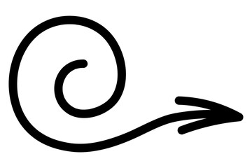Arrow round. Sketch. Round black pointer unravels and goes to the right. Hand drawn sign. Vector illustration. Outline on isolated white background. Doodle style. Idea for web design.