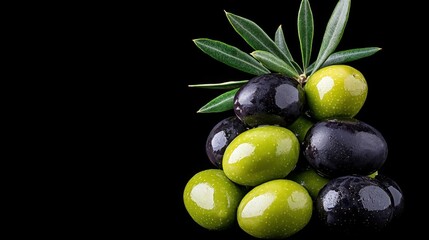 Obraz premium A photostock of various types of fresh olives, green and black, in a pile on isolated on transparent PNG background, High Quality.