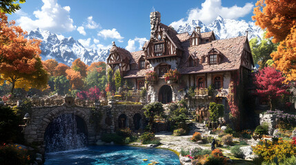 3D Illustration - Enchanted Cottage Autumn Waterfall Mountains