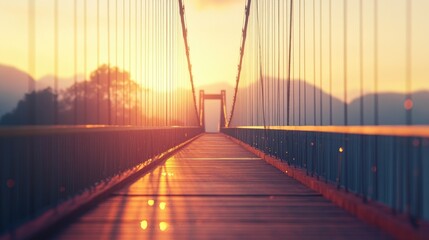 Fototapeta premium Suspension bridge deck close-up against a soft evening sky, with light reflecting off cables.