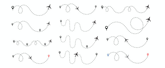 Obraz premium Airplane Route Dotted Line. Airplane line path route travel vector concept. Travel path icon set. Location for travel, dotted road map with destinations. Vector illustration EPS 10