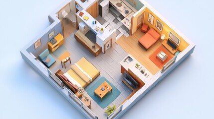 Obraz premium A 3D drawing of a floor plan showing a bedroom, kitchen, living room, and bathroom.