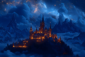 Fototapeta premium Illustration - Enchanting Night Castle Fantasy Scene