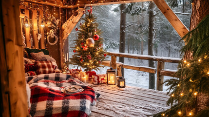 Naklejka premium Cozy cabin with festive lights, Christmas tree, and snow-covered forest view