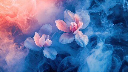 Ethereal Orchids Enveloped in Colorful Smoke, Creating a Dreamlike Atmosphere with Soft Petals and Fluid Dynamics of Light and Color