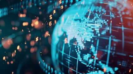 Obraz premium A close-up of a globe with currency symbols floating around it, representing global finance.