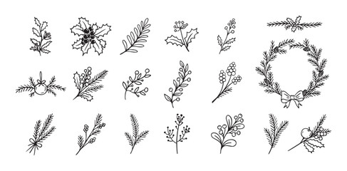 Christmas plant decoration doodle set. Simple hand drawn decor for a festive Christmas and New Years.