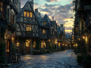 Fototapeta premium Illustration Medieval Town Street Dusk Fantasy Architecture