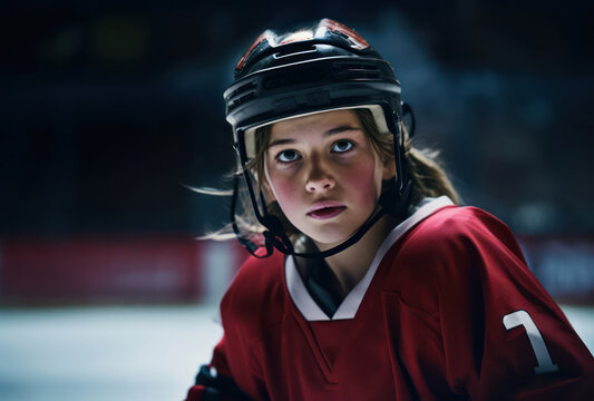 Young female ice hockey player in uniform, intense focus, playing in an arena with dramatic lighting.y life.